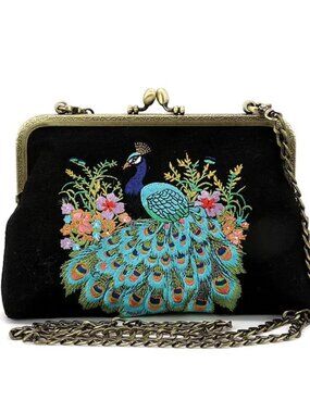 Peacock Kisslock Bag in Linen Cotton Blend  NEW!